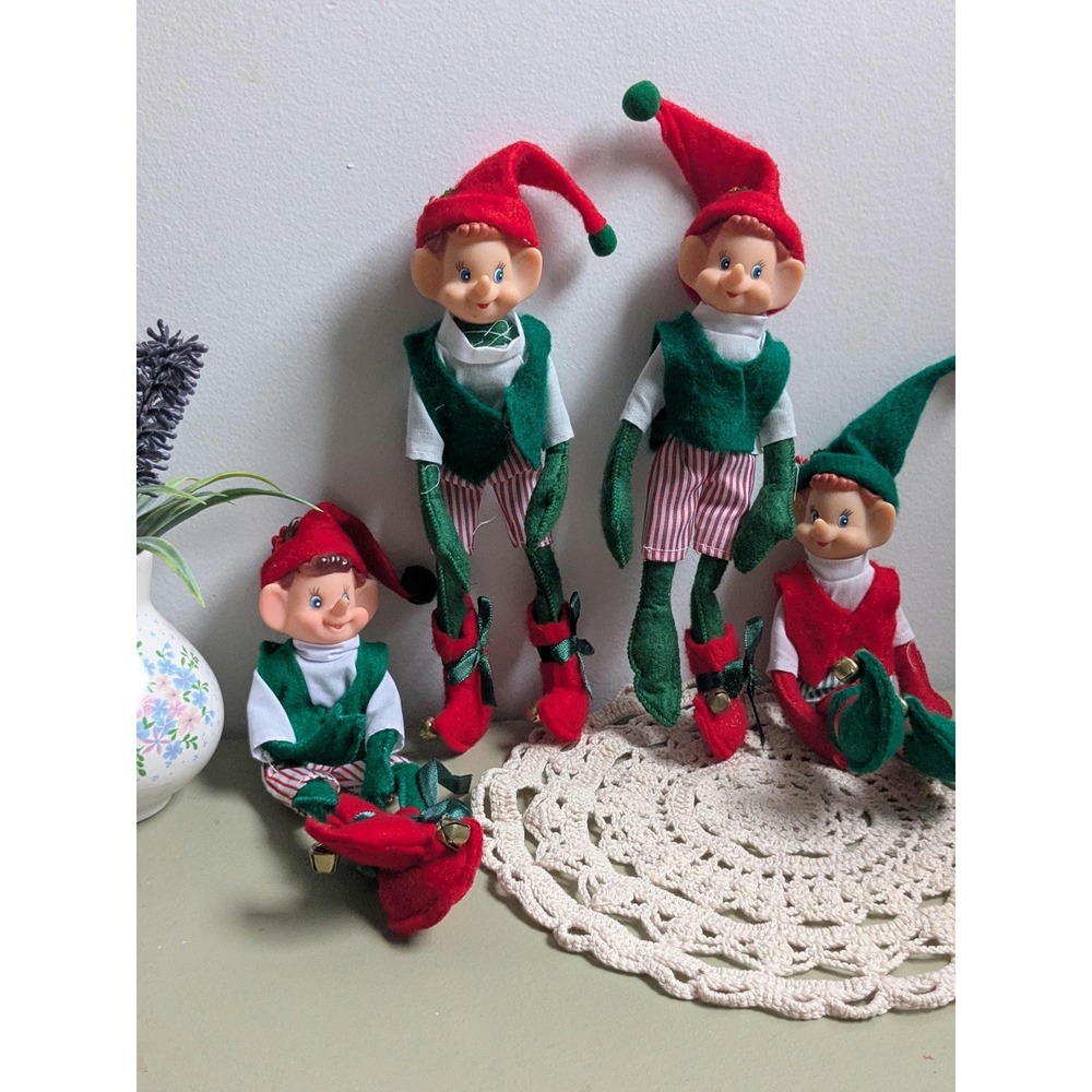 Vintage Knee Hugger Christmas Elves Set of 4 – Felt Pixie Dolls MCM Holiday